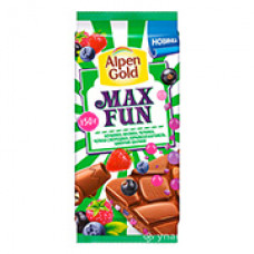 Шоколад "Alpen Gold Max Fun" клубника, малина, черника, черная смородина,взрывная карамель, шипучие шарики 150 г