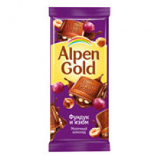 Шоколад Alpen Gold молочный с фундуком и изюмом 85 гр